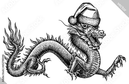 Vintage engraving isolated Japanese Dragon dressed christmas illustration snake ink santa costume sketch. Chinese character dragon background new year hat art. Black and white hand drawn vector image