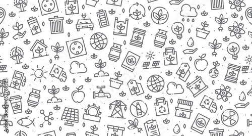 Ecology seamless pattern. Ecology background. Collection ecology icons. Pattern banner eco symbol elements. Green seamless pattern. Vector illustration