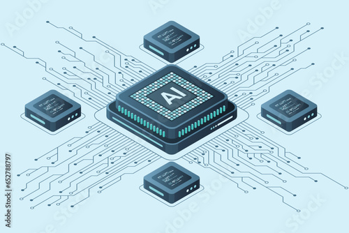 Isometric artificial intelligence chip concept. Artificial intelligence concept. Futuristic microchip processor. Vector illustration
