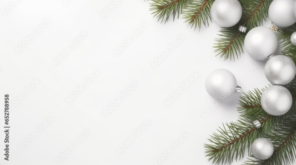 White background christmas tree branches and balls with copy space for text