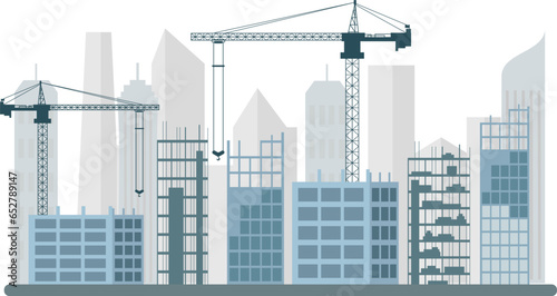 Construction area with a tower crane and buildings illustration, silhouette construction ang heavy industry banner and web design