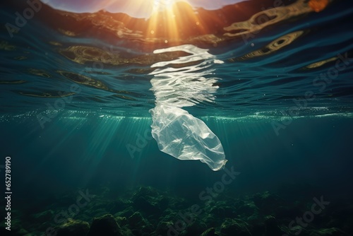 Plastic bag floating under the ocean or sea. Pollution and waste concept