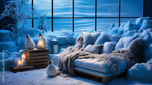 Arctic-themed lounge with ice-blue decor, faux snow, and penguin motifs. photo