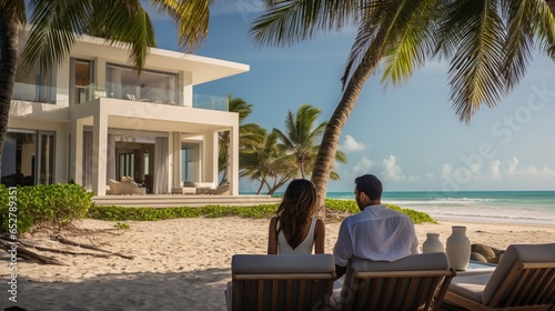 A couple stands with champagne glasses aloft, soaking in the breathtaking vista of their newly acquired beach villa. The rhythmic dance of ocean waves on the shore and the tropical vibrancy