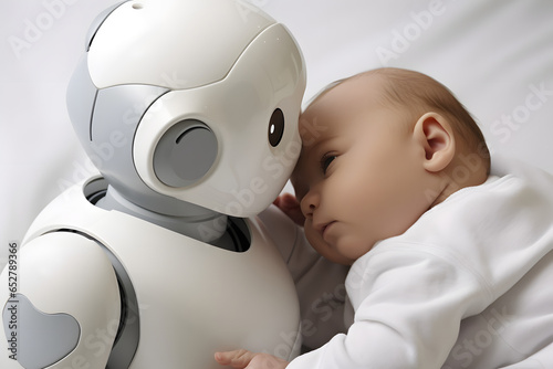 Humanoid robot taking care of a baby, illustration of future nursing and babysitting photo