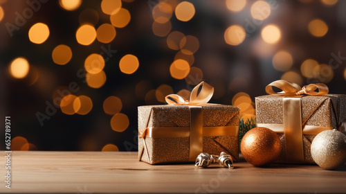 Christmas background with gifts, ball and bokeh lights © Nataliia