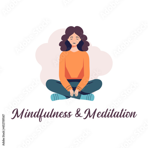 Mindfulness and meditation banner, girl sitting in yoga lotus pose and meditating. Calmness concept, meditate at home. Mental health.