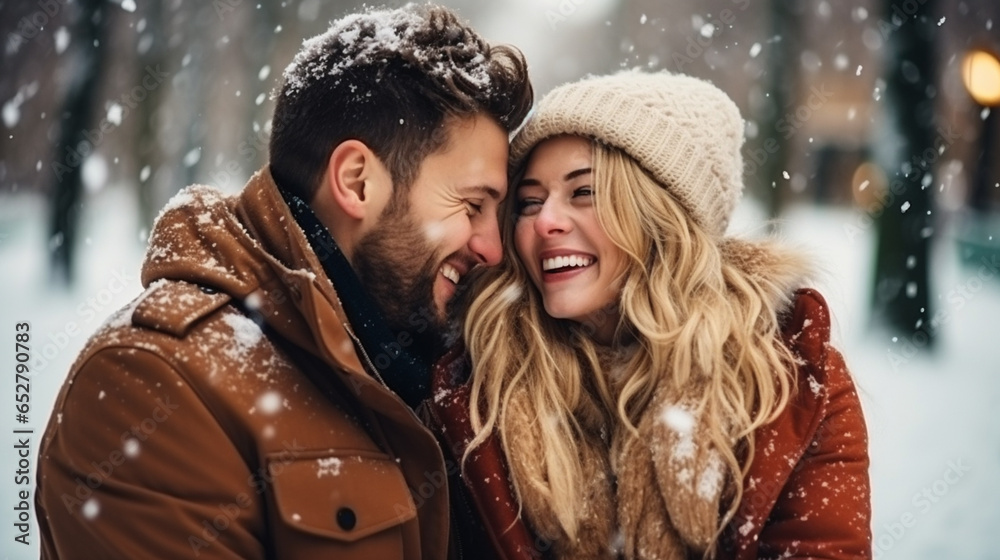 Young romantic couple is having fun outdoors in winter before Christmas. Enjoying spending time together in New Year Eve. Two lovers are hugging and kissing in Saint Valentine's Day. - obrazy, fototapety, plakaty 