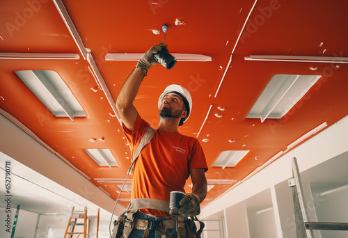 Electrician worker installing electric lamps light inside apartment.