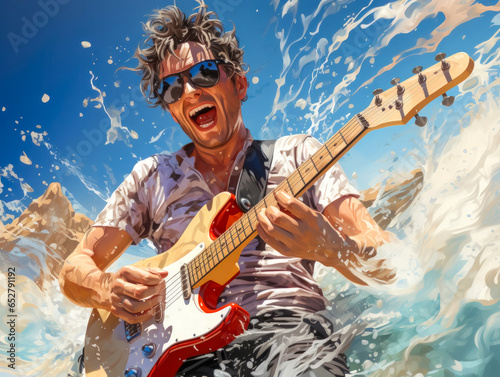 Portrait of guitarist playing electric guitar on the beach during a music festival in the pool water.