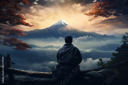 a man watching the sky with a mountain in view