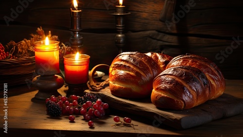 Hanukkah background with Challah on dark backgrround photo