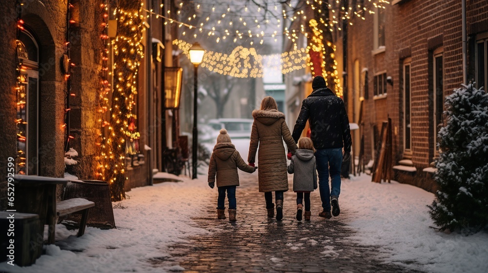 A family, with kids pointing in excitement, approaches a charming village market adorned with twinkling fairy lights and festive decorations.