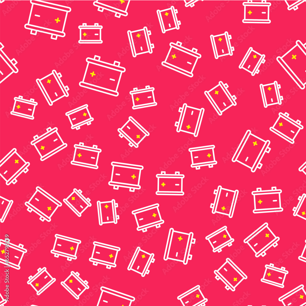 Line Car battery icon isolated seamless pattern on red background. Accumulator battery energy power and electricity accumulator battery. Vector Line Car battery icon isolated seamless pattern on red background. Accumulator battery energy power and electricity accumulator battery. Vector