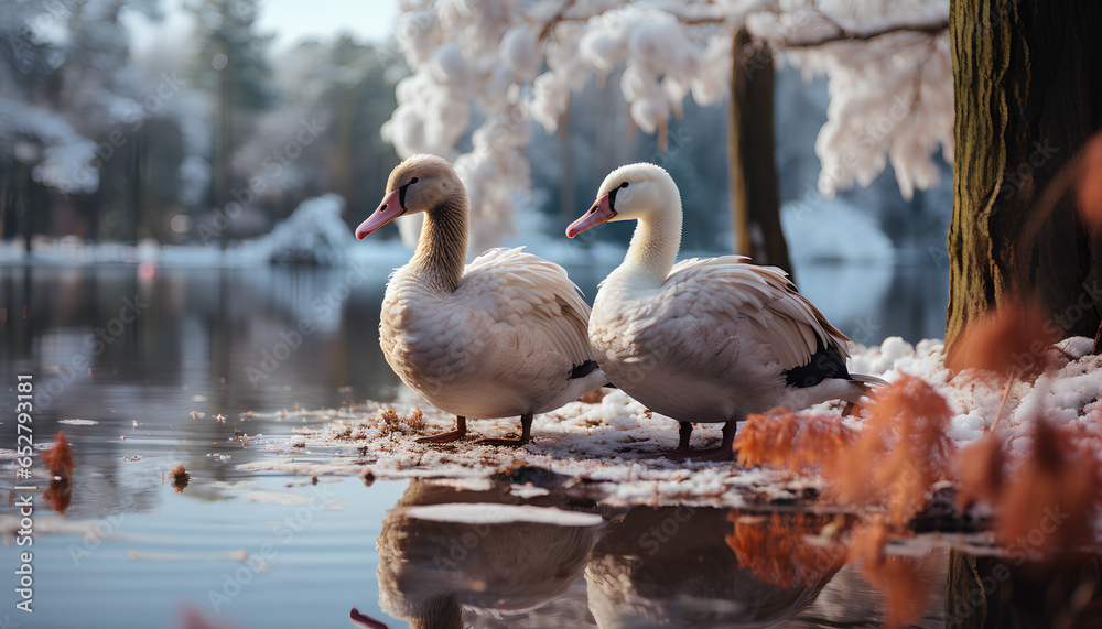 geese on the lake in a snowy forest during winter time. Winter landscape. Winter paysage. Frozen lake. geese in winter time. Duck. geese on the lake in a snowy forest during winter time. Winter landscape. Winter paysage. Frozen lake. geese in winter time. Duck.