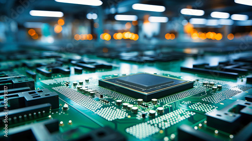 Detailed assembly of microprocessors in a state-of-the-art electronics factory, photo