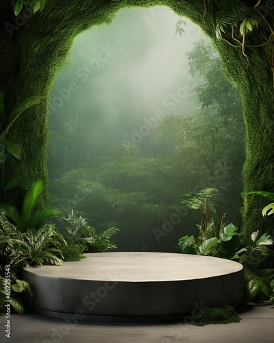 Mockup White Podium With Green Tropical Plants And Rock 3d render