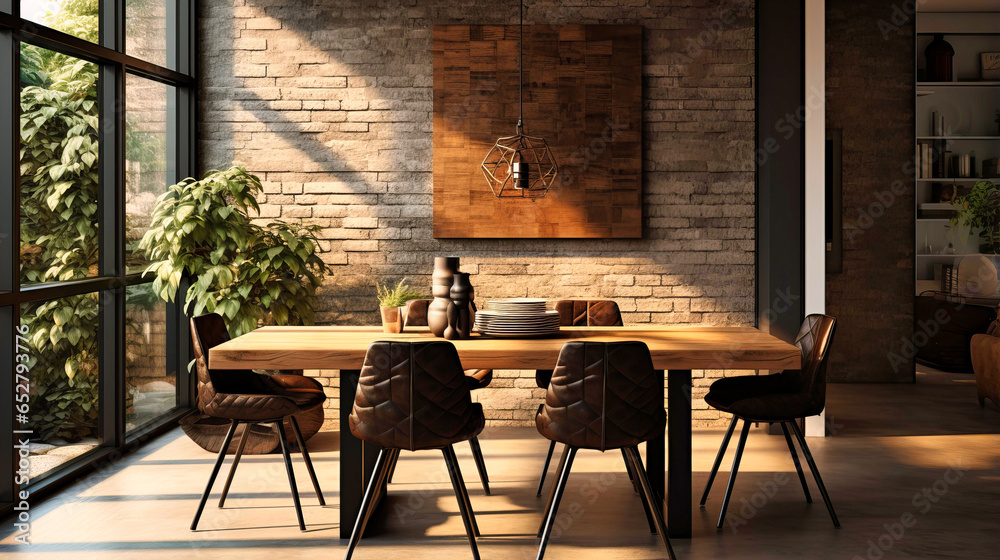 Naklejka premium Dining space with a wooden table and black chairs.
