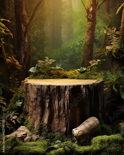 Forest podium Tree trunk green background