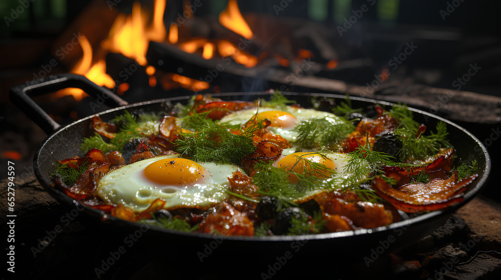 Camping breakfast with bacon and eggs in a cast iron skillet. Fried eggs with bacon in a pan in the forest Camping breakfast with bacon and eggs in a cast iron skillet. Fried eggs with bacon in a pan in the forest