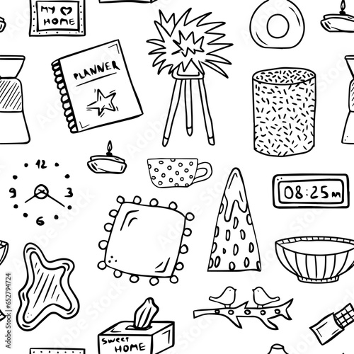 Doodle home decor interior pattern. Seamless background with house design accessories, lamp, candle, pillow, cup, clock, mirror, pouf