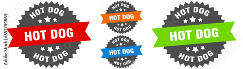 hot dog sign. round ribbon label set. Seal