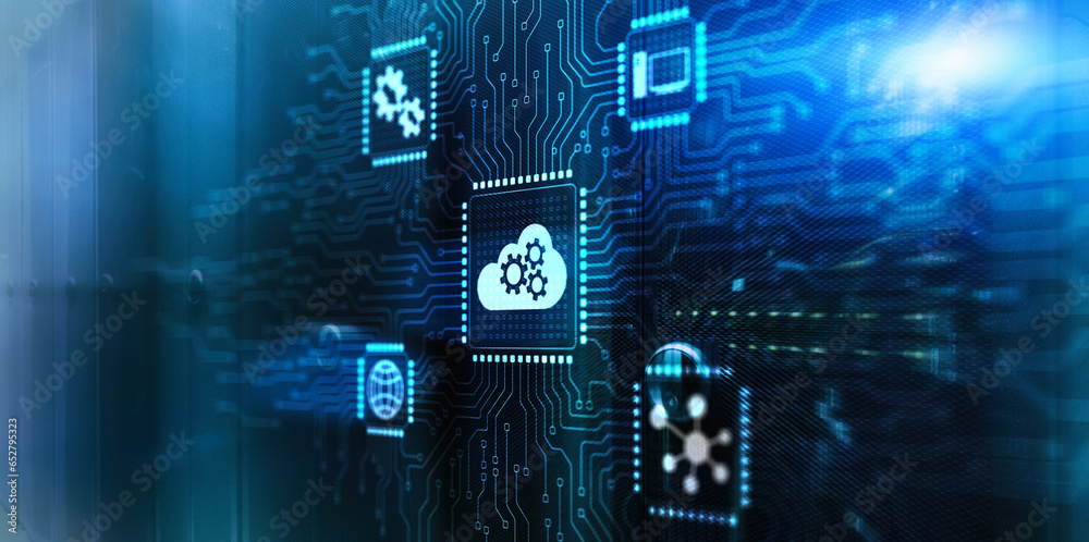 Naklejka premium Cloud computing concept. Connect to cloud. 3d Electronic Circuit Board Chip