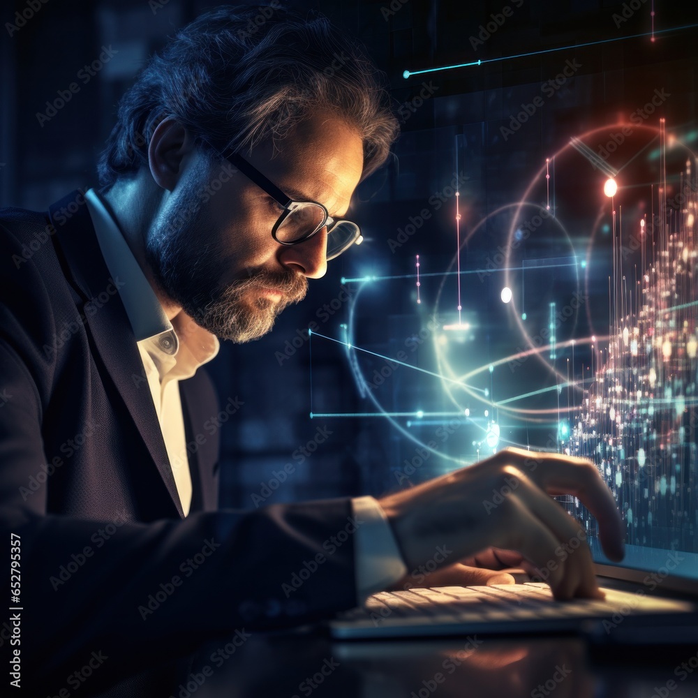 Close up of businessman hand holding digital hologram with blue lights on background. Close up of businessman hand holding digital hologram with blue lights on background.