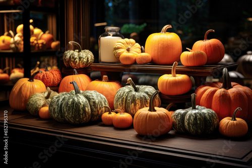 Organic pumpkins on the counter of a farmer's shop or store
