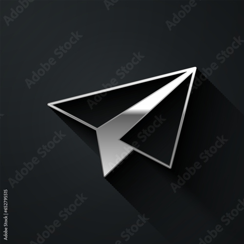 Silver Paper airplane icon isolated on black background. Long shadow style. Vector