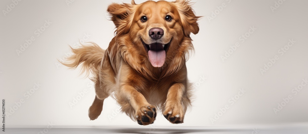 Happy golden retriever running in studio shot on white background representing animals pets and friendship Suitable for ads or design with space for copy