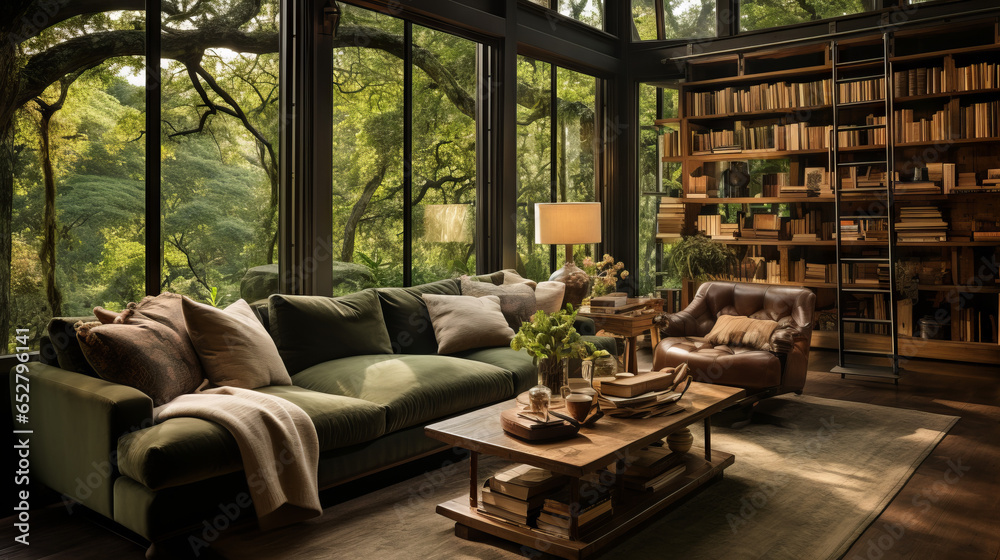 Enchanted Forest Library: Mossy sage walls, wooden organic shelves, and ethereal glowing orbs amidst deep emerald seating