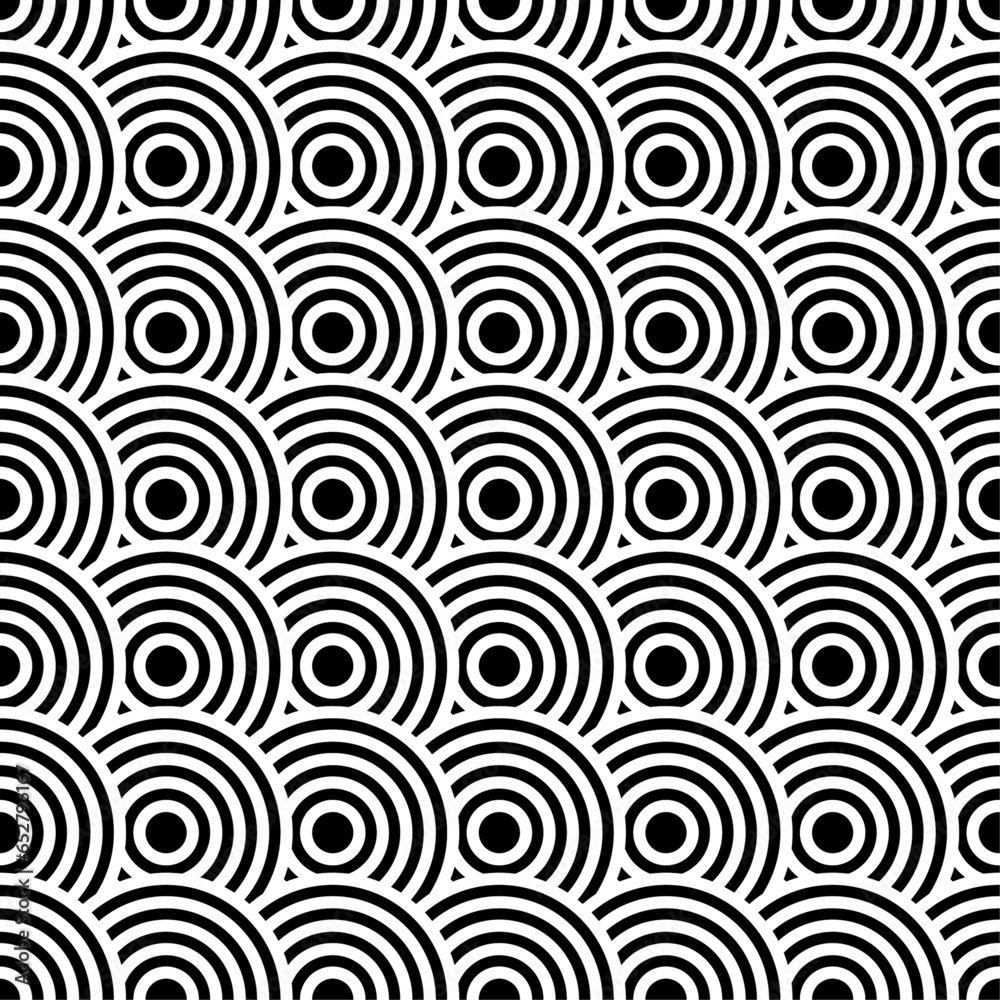 Seamless pattern of black and white circles. Repeating figures. Repeating circles. Black and white vector graphics.
