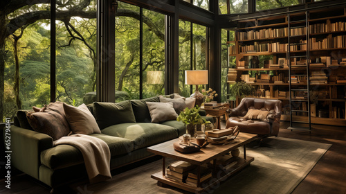 Enchanted Forest Library: Mossy sage walls, wooden organic shelves, and ethereal glowing orbs amidst deep emerald seating