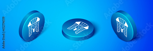 Isometric Egyptian pharaoh icon isolated on blue background. Blue circle button. Vector