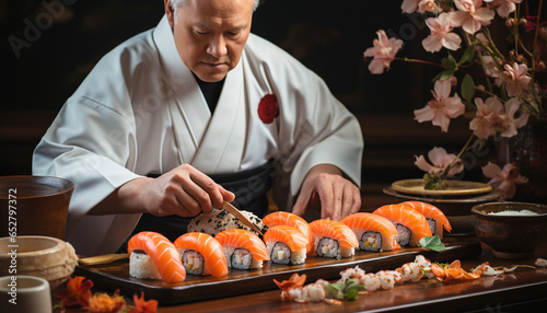 Japanese culture Seafood, sushi, chopsticks, freshness, expertise, gourmet, rice, nigiri, maki sushi generated by AI