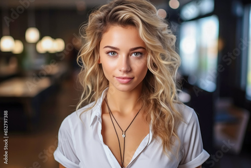 Portrait of a beautiful young blonde woman in a white shirt. 