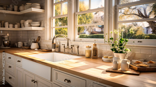 Kitchen with a farmhouse sink and shaker cabinets. photo
