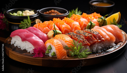 Freshness on a plate seafood, sashimi, nigiri, maki sushi, rice generated by AI