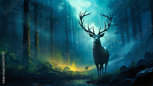 Majestic stag at a stream's edge, Dense forest fog, Ethereal glow highlighting its antlers. photo