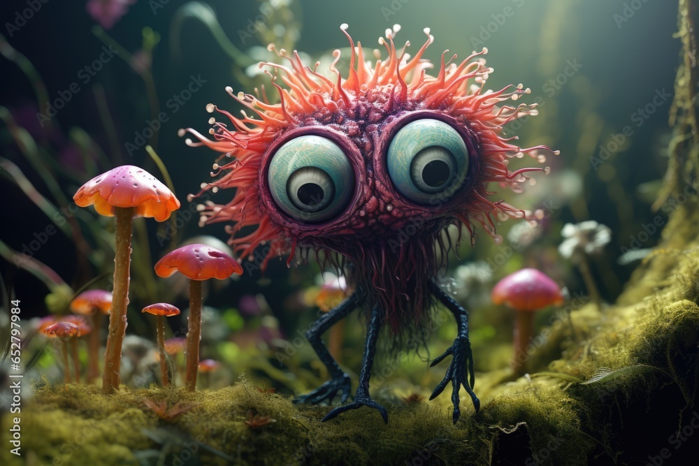 Φωτογραφία Tiny unseen world of dorky viral fungi monsters with big bulging eyes living life like nobody sees them on the forest floor, hidden mutated vegan mushrooms, not creepy but cute