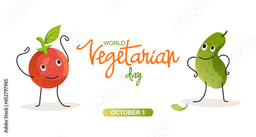 World vegetarian day web banner. lettering for vegan day. Funny vegetables, cucumber and tomato.