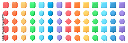 Big set of colorful glossy badge or button. 3d emblems, volunteer labels. Vector 3d cartoon style minimal buttons icons of different colors. Square and circle shapes, pin mark or speech bubbles