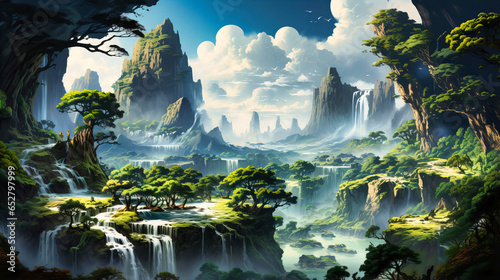 Floating islands in the sky, Clouds and cascading waterfalls, photo
