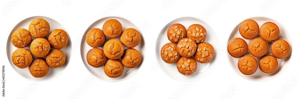 Set of pumpkin muffins isolated on a transparent background, middle top view.