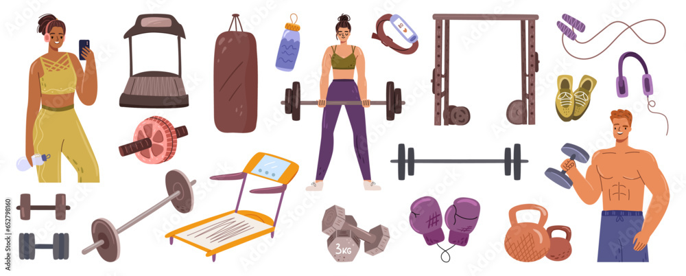 Sports and workout exercises, equipment for gym and bodybuilders. Treadmill and skipping rope, dumbbells and barbell, boxing gloves and sneakers. Vector illustration in flat cartoon style