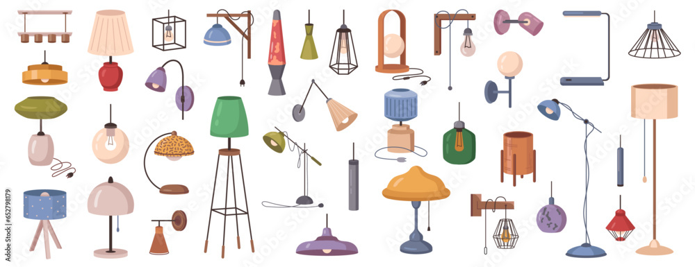 Cartoon lamps set, furniture chandelier, floor and table lamps in flat cartoon style. Chandeliers, illuminator, flashlight elements of modern interior. Vector illustration of illumination equipment