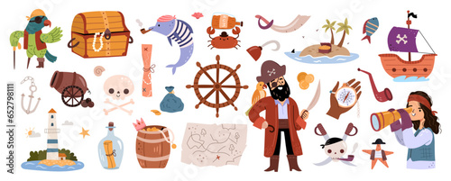 Cute pirate holding sword  piracy icons. Seashore with wooden treasure chest  parrot and fish  beacon and wheel  compass and naval navigation. Vector illustration in flat cartoon style
