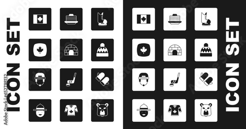 Set Skates, Igloo ice house, Canadian maple leaf, Flag of Canada, Beanie hat, Stack pancakes, Christmas mitten and Hockey helmet icon. Vector