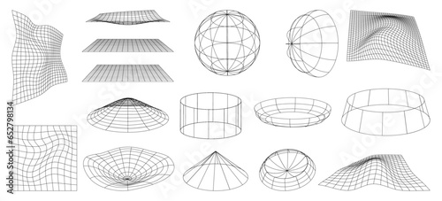 Grid mesh object, cyber neo futuristic 3d objects and shapes. Abstract net structure deformation, flowing surface. Wireframe wavy geometric perspective plane. Cyberpunk line elements vector set